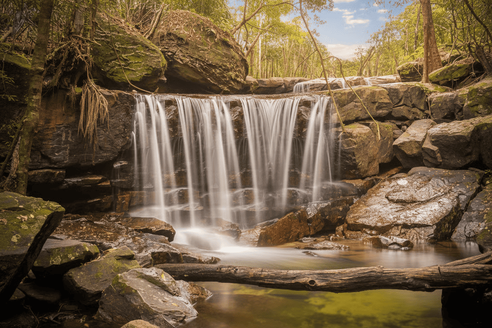 Suoi Tranh Waterfall presents a picturesque cascade formed by mountain springs that flow through lush greenery and limestone rocks
